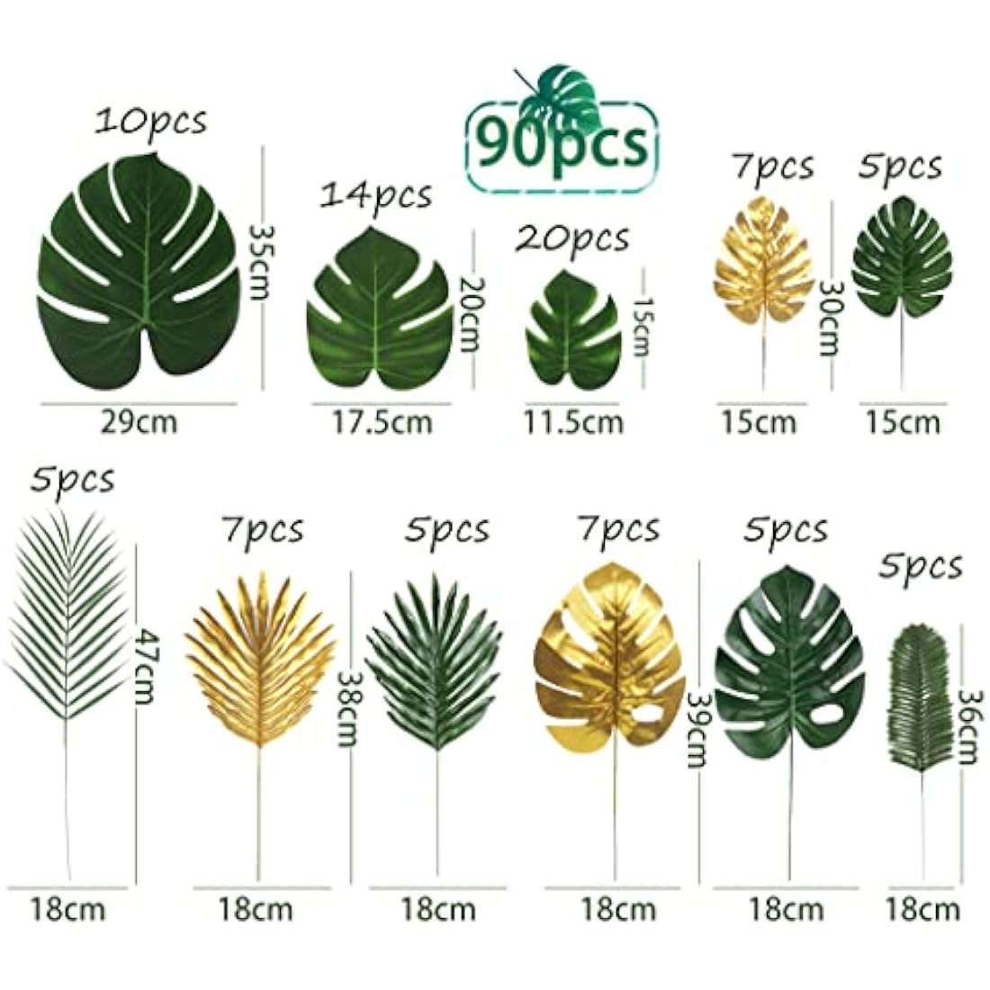90 Pieces 11 Kinds Fake Leaves Monstera LeavesArtificial Palm Leaves Tropical Party Decorations Jungle Safari Leaves With Faux Stem For Hawaiian Luau Party Jungle Beach Table Leave Decorations