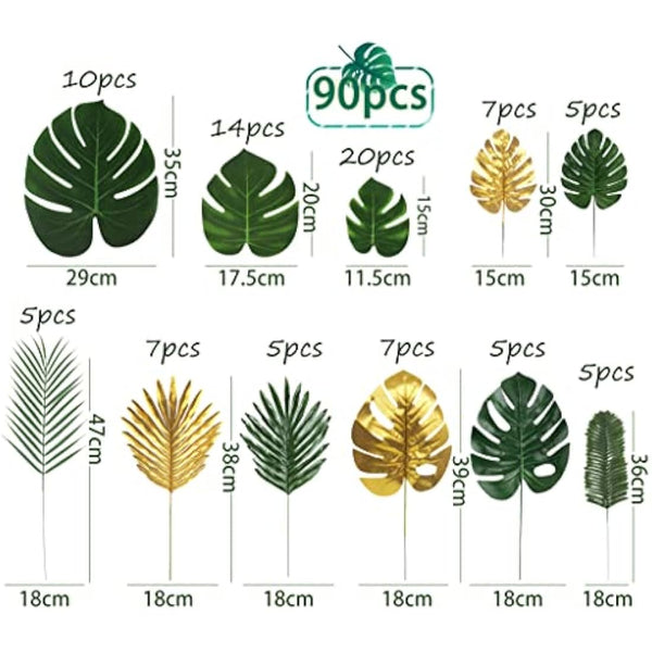 90 Pieces 11 Kinds Fake Leaves Monstera LeavesArtificial Palm Leaves Tropical Party Decorations Jungle Safari Leaves With Faux Stem For Hawaiian Luau Party Jungle Beach Table Leave Decorations
