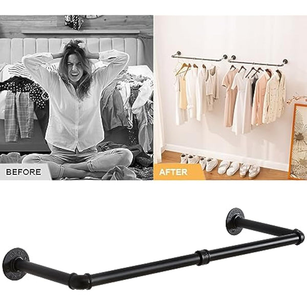 IBUYKE Wall Mounted Clothes Rail, Set of 2, 94cm Industrial Pipe Clothes Bar Rack, Heavy Duty Retro Wall Tidy Rail, Pipe Display Rails for Home Shops, Detachable Garment Hanging Storage Rail TYJ001H-2