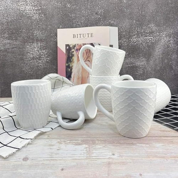 Hoikwo 12oz / 380ml Coffee Mugs Set of 6, White Bone China Mugs with Relief Pattern for Coffee, Tea, Latte, Milk, Cocoa, Juice and Other Hot Drinks