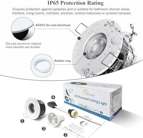 Sweier 6-Pack Dimmable LED Recessed Spotlights GU10 5W IP65 Waterproof - 3000K Warm White, 70mm Cutout, Die-Cast Aluminium Downlights for Bathroom & Living Room