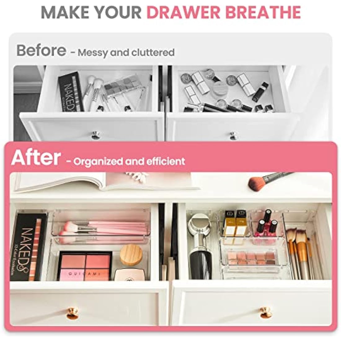 HOUSE DAY Makeup Drawer Organiser Trays 24 PCS, 4-Size Clear Drawer Organisers with Silicone Pads, Vanity Organisers and Storage, Non Slip Plastic Drawer Organiser for Desk, Bathroom, Kitchen, Office