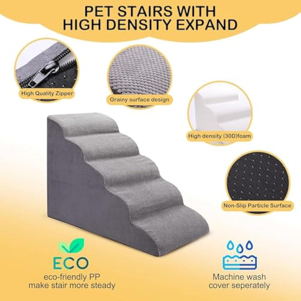 Wide Dog Steps Stairs for Bed 5 Steps 62 cm High for Dogs, Dog Ramp High Density Foam Pet Stairs Washable Cover and Non-Slip Base 40 x 87 x 62 cm