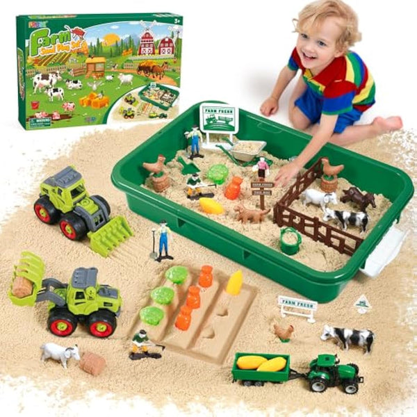 FRUSE Play Sand Farm Animal Toys,Sandbox Toys Set for Toddlers w/1 KG Play Sensory Sand, Farm Toy Figures and Tractor Truck Playset,Sensory Sandbox with Cover for Boy Girl Kid Age 3 4 5 6 7 8 9