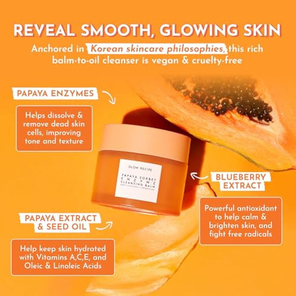 Glow Recipe Papaya Enzyme Cleansing Balm Makeup Remover - Gentle Exfoliator, Makeup Melting Balm & Face Cleanser for Women - Exfoliating Face Wash to Even Skin Tone & Lock-in Facial Hydration (3.38oz)
