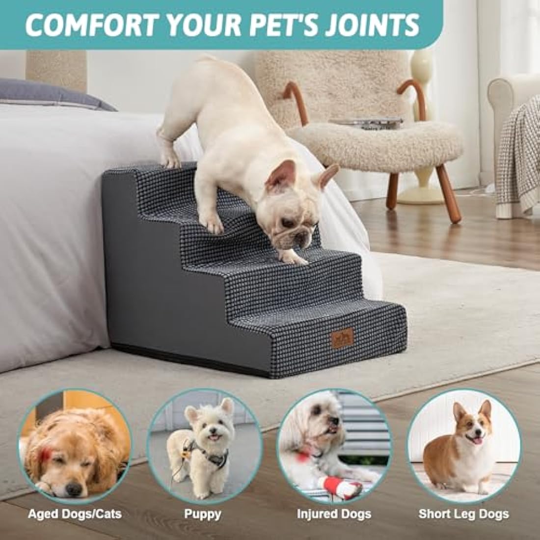 COZY KISS Dog Stairs for Small Dogs, 4 Tier Wider Pet Stairs for Bed Sofa Car, 45cm H Non-Slip Dog Steps for Old Cats, Puppy, Small Medium Dogs, 60x45x45 cm, 4 Tiers, Dark Grey
