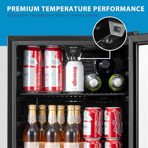 COMFEE' RCZ99BG2(E) Under Counter Beer & Drinks Fridge-93L Capacity,Holds up to 115 Cans, Premium Temperature Performance (2℃ to 15℃), Full Length Low-E Glass, Removable Shelves, LED Light, Low Noise
