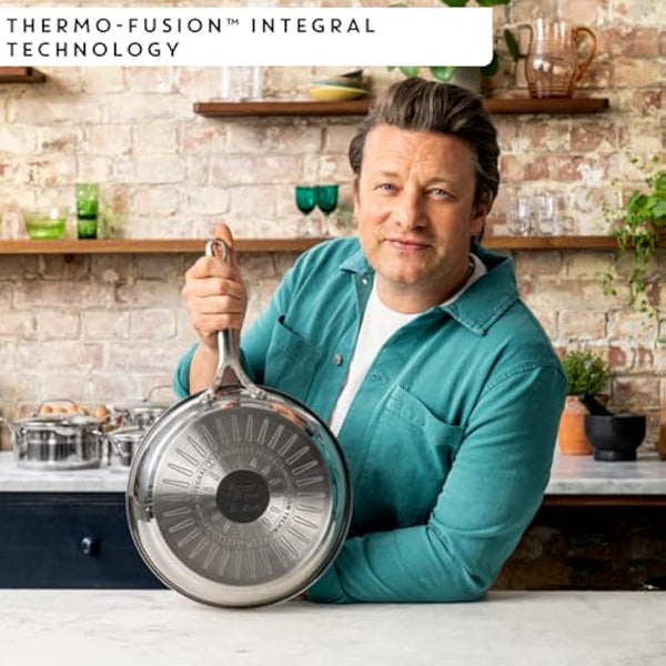 Jamie Oliver by Tefal Cook Smart 24cm Frying Pan, Uncoated Stainless Steel, Riveted Handle, Induction Safe, Thermo-Fusion Base, 90% Recycled Steel E3110455