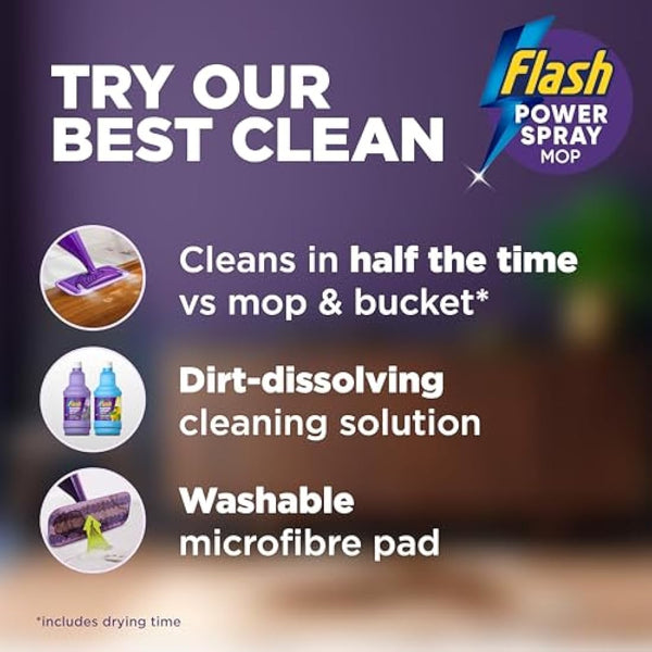 Flash Power Spray Mop Floor Cleaner Starter Kit (1 Washable + 2 Disposable Pads), All-In-One System For Your Floors