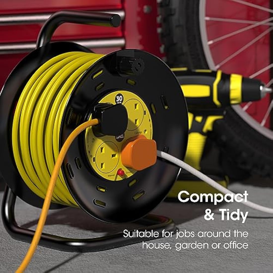 Extension Lead 30m Heavy Duty Cable Reel, 4 Socket Cord Reel UK Plug Socket with Thermal Cut-Out Protection 13A Fused Plug