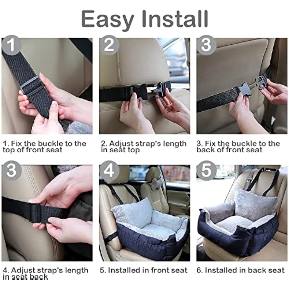 GoFirst Dog or Cat Booster Seat - Travel Car Bed with Storage Pocket, Clip-On Safety Leash, Waterproof Warm Plush, Navy Blue