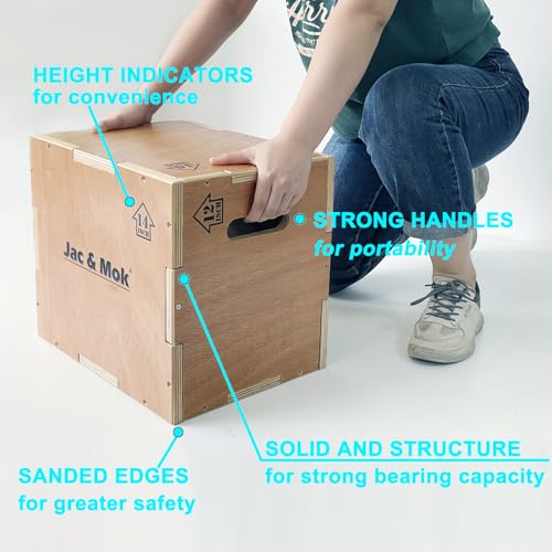 Jac & Mok Wooden Plyo Box - Non-Slip Plyometric Box for Jumping Exercise - Workout Step Platform, Heavy Duty (A. Wood Color - (16/14/12))