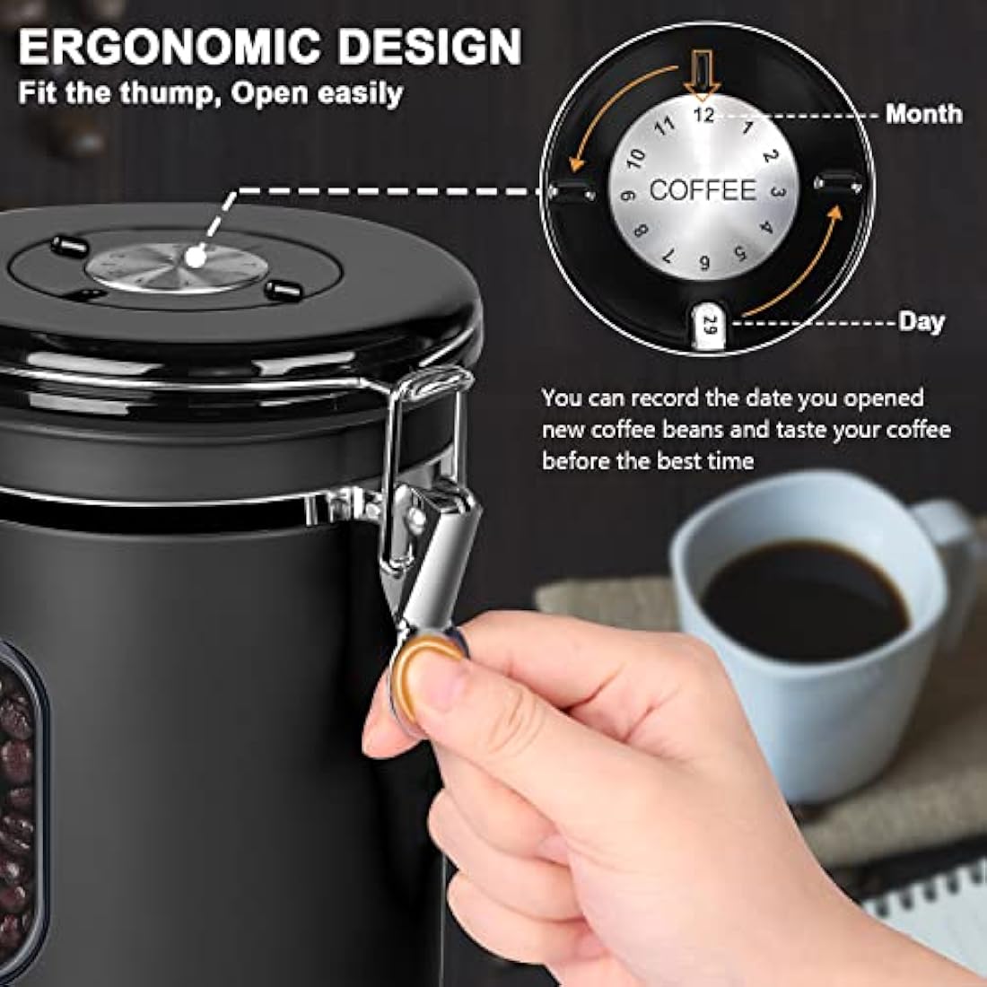 2800ML Airtight Coffee Canister with Date Tracker and Transparent Window, 35OZ Coffe Beans Storage with 30ML Measure Spoon&4 co2 Valve, Coffee Container for Grounds Coffee, Beans, Tea, Sugar, Flour