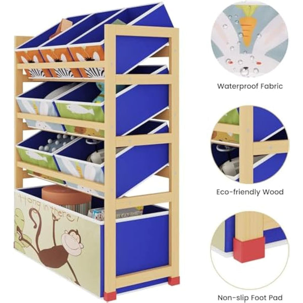 Dripex Kids Toy Storage Units, 4 Tier Children's Toy Organiser Shelf with 8 Removable Fabric Bins Boxes, Wooden Organiser Rack for Nursery Playroom 64 x 28 x 81cm