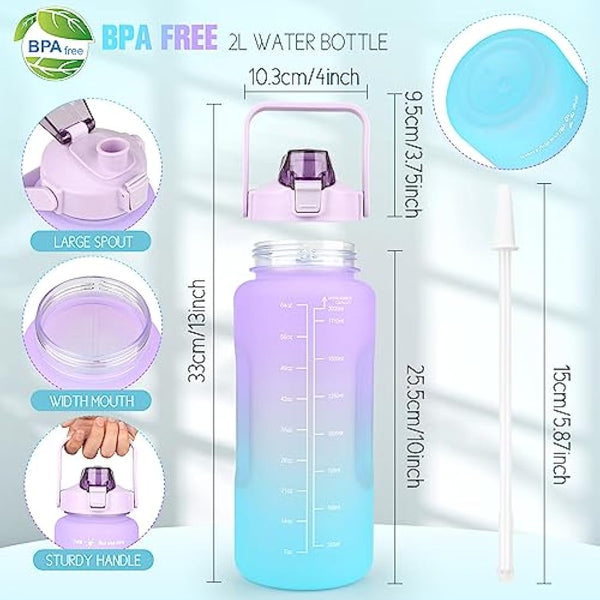 Water Bottle 2L BPA Free Sport Drinks Jug with Time Marking & Lock Cover, Leak Proof 2 Liters Water Bottle with Portable Handle, Purple Water Canteen Bottle