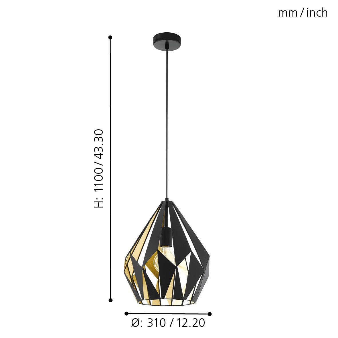 Eglo Carlton 1 Vintage Pendant Lamp, Retro Hanging Light in Black and Gold Steel, E27 Socket,  31 cm (12.2")