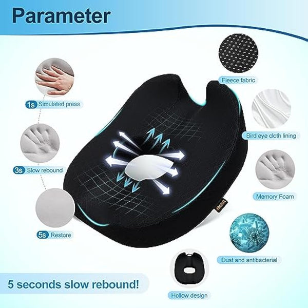 Donut Pillow Chair Seat Cushion, Memory Foam Firm Coccyx Pad Donut Cushion for Long Sitting, Office Chair, Gaming Chair and Car Seat Cushion - Black 17.5*18.5*5.5 in