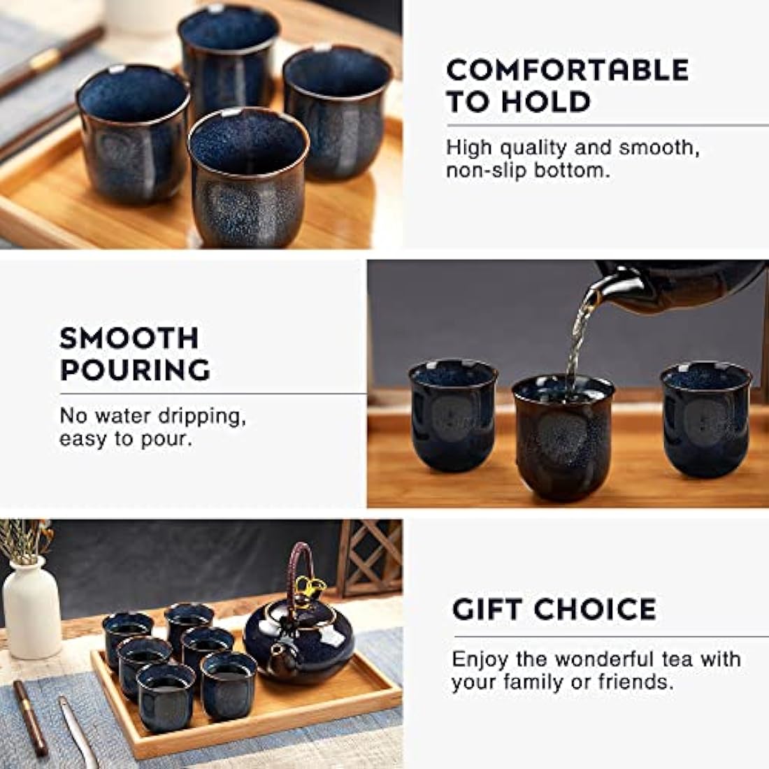 DUJUST Japanese Porcelain Tea Set for 6, Kiln Altered Glaze Teapot & Cups, Unique Adult Gift, Dark Blue