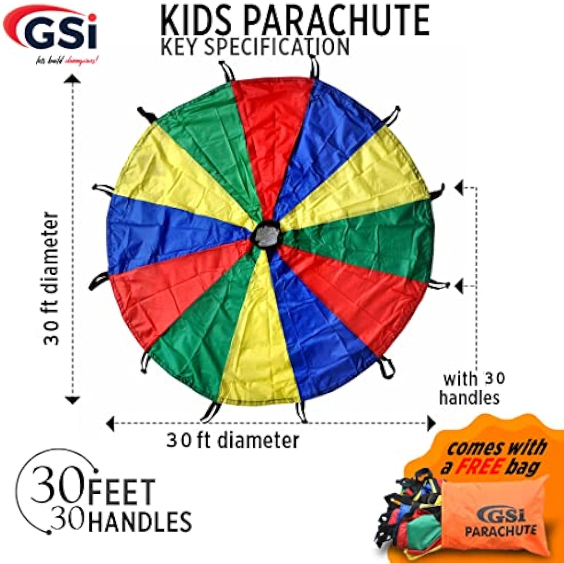GSi Kids Play Parachute Rainbow Parachute Toy Tent Game for Children Gymnastic Cooperative Play and Outdoor Playground Activities (30 Feet)