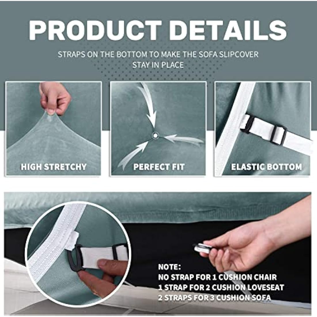 XINEAGE 1 Piece Velvet Couch Covers for 3 Cushion Couch Living Room High Stretch Sofa Cover Pets Dogs Friendly Anti Slip Thickened Slipcovers Furniture Protector (3 Seater, Stone Blue)