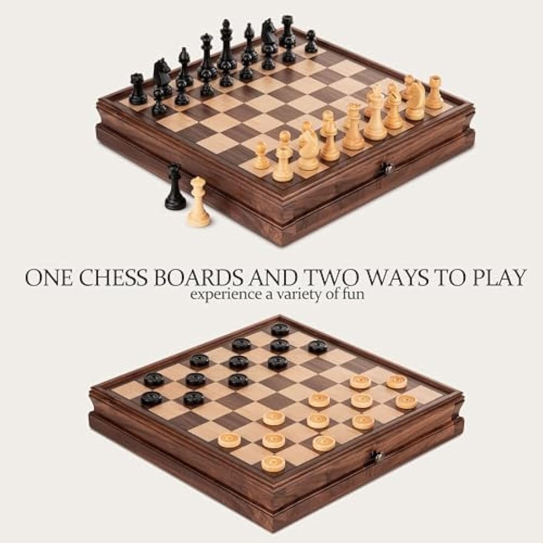 A&A 15 inch Walnut Wooden Chess Sets w/Storage Drawer/Triple Weighted Chess Pieces - 3.0 inch King Height/Walnut Box w/Walnut & Maple Inlay / 2 Extra Queen/Classic Board Games