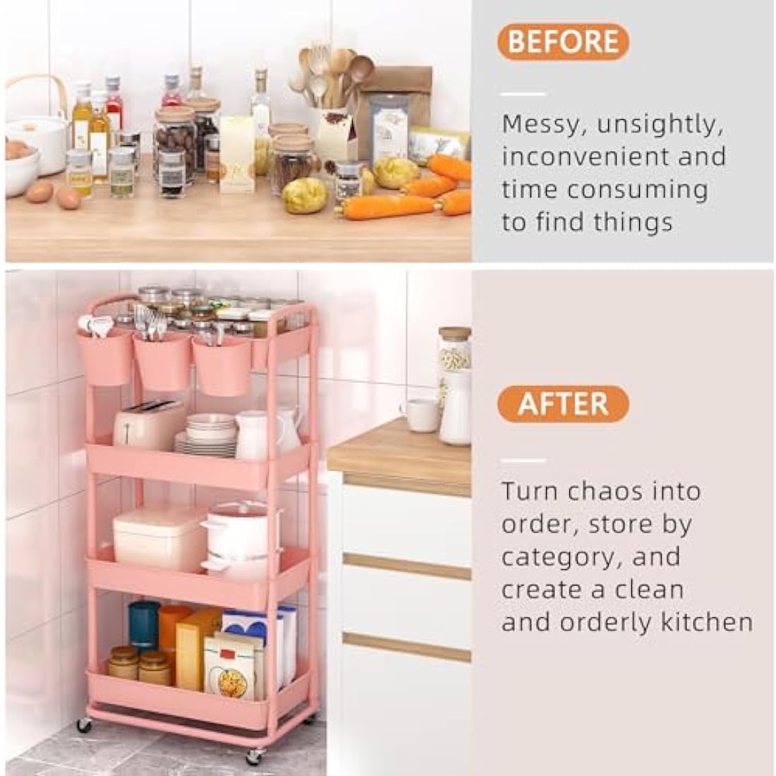 JIUYOTREE 4-Tier Plastic Rolling Storage Cart Utility Cart with Extra Hanging Cups Handles Lockable Wheels for Living Room Bathroom Kitchen Office Pink