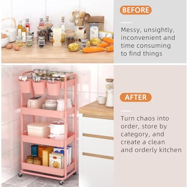 JIUYOTREE 4-Tier Plastic Rolling Storage Cart Utility Cart with Extra Hanging Cups Handles Lockable Wheels for Living Room Bathroom Kitchen Office Pink