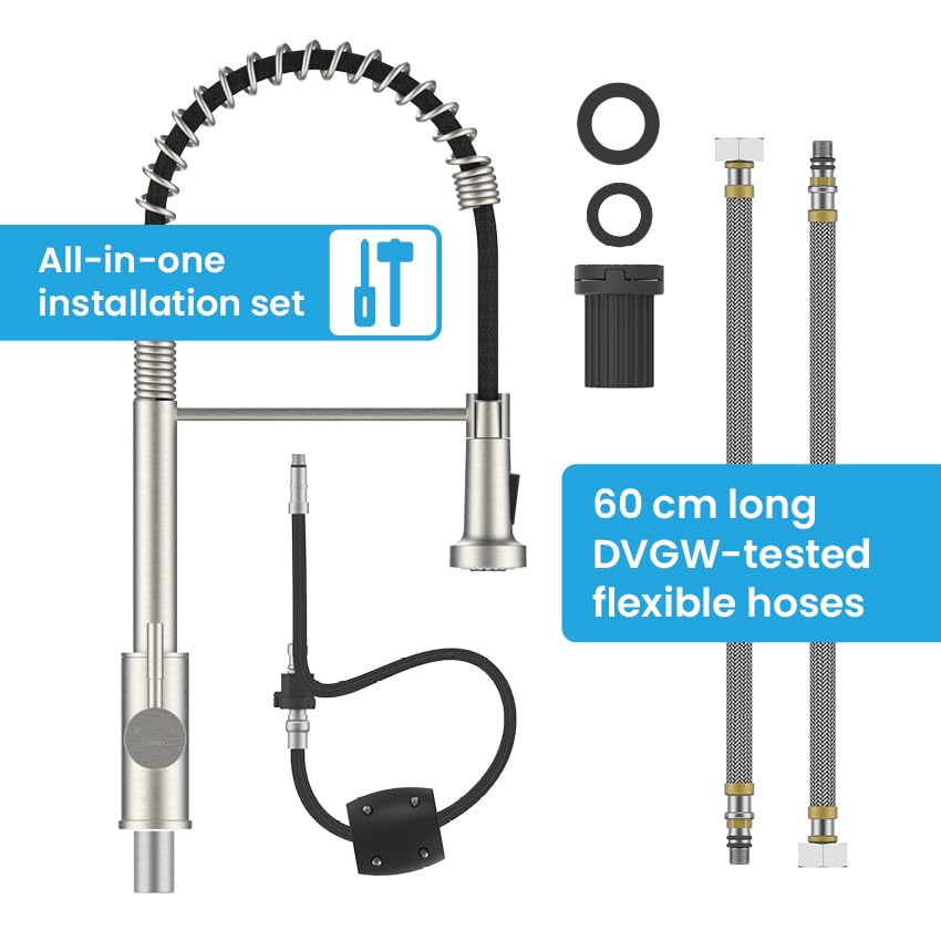 Bächlein Kitchen Faucet 360 Degree Swivel (Brushed Stainless Steel) - One-Hand Sink Mixer with Flexible Neck and Shower with Switch Button, Kitchen Faucet with Magnetic Holder