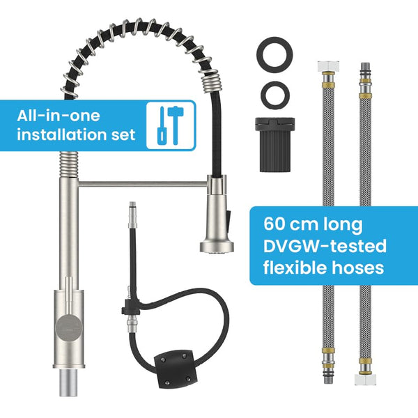 Bächlein Kitchen Faucet 360 Degree Swivel (Brushed Stainless Steel) - One-Hand Sink Mixer with Flexible Neck and Shower with Switch Button, Kitchen Faucet with Magnetic Holder