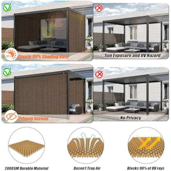 KANAGAWA 90% Sun Shade Cloth 12'X 20' Outdoor Pergola Shade Cover Canopy with Grommets UV Block Privacy Screen for Patio, Backyards, Outdoor, Carport, Garden, Mocha