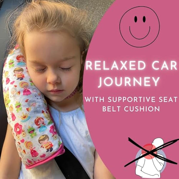 HECKBO princess prince car seatbelt pillow for children - machine washable - girl boy kids children soft car seat belt cover sleeping pillows protection car travel pillow cushion vacation