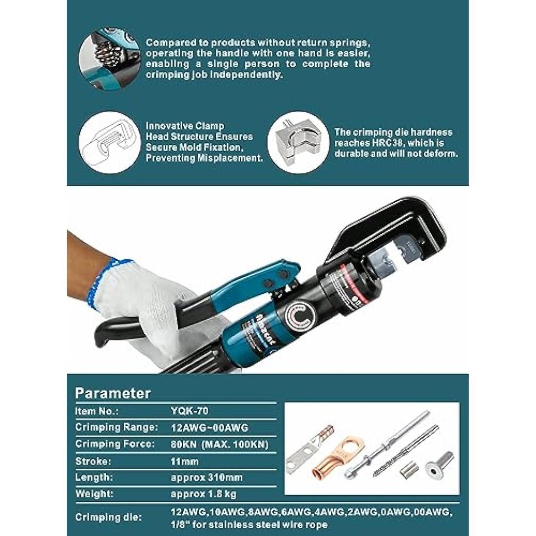Hand Operated Hydraulic Crimping Tool Range 12 AWG-2/0 AWG for Cable lugs Hydraulic Crimping Crimper Wire Terminal Lug Tool with 9 Pairs Dies