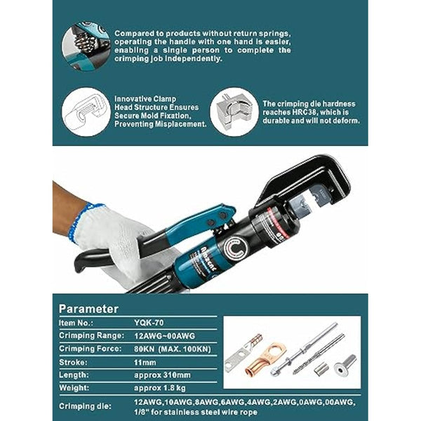 Hand Operated Hydraulic Crimping Tool Range 12 AWG-2/0 AWG for Cable lugs Hydraulic Crimping Crimper Wire Terminal Lug Tool with 9 Pairs Dies