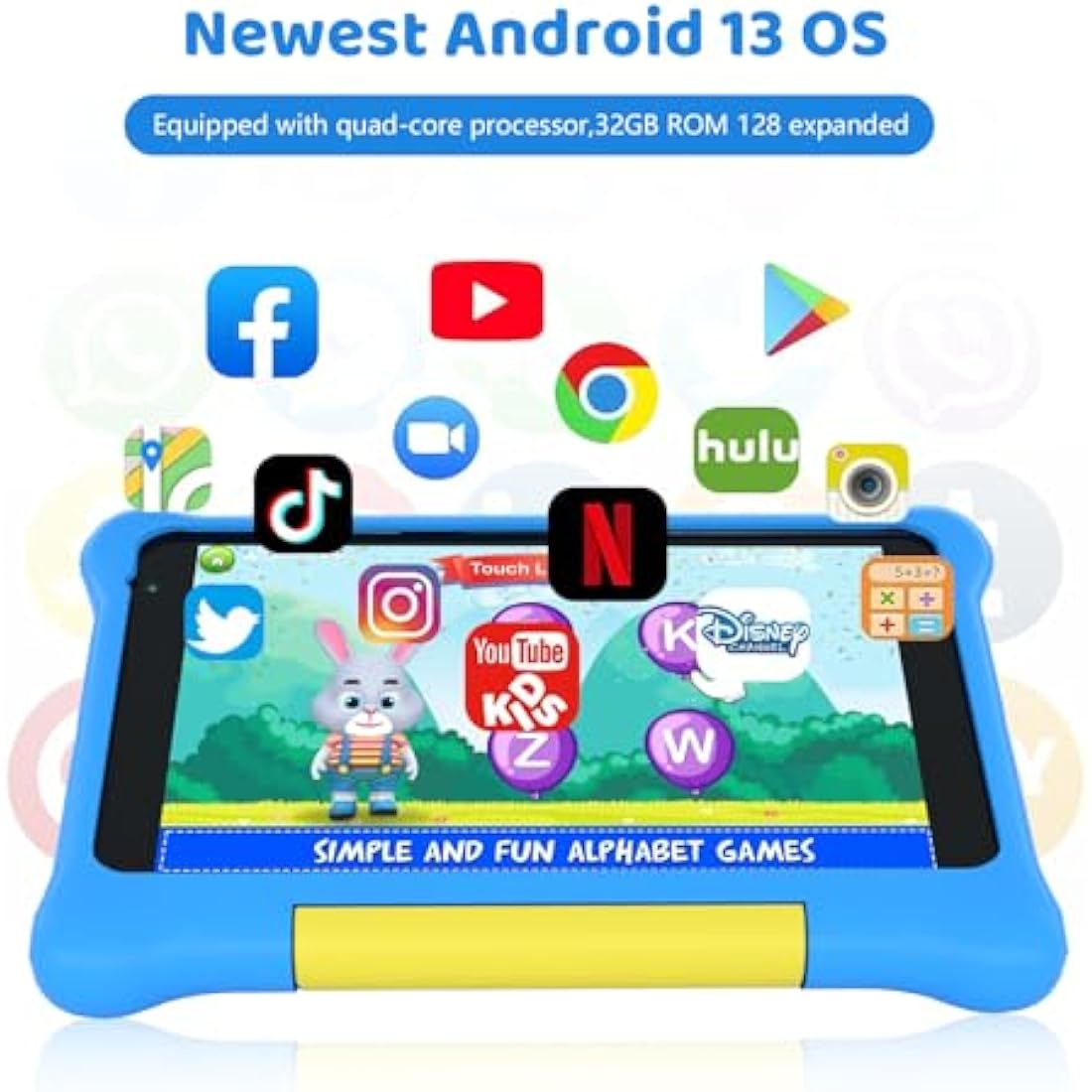 Ainmel Kids Tablet 7 inch, Android 13 Tablets for Kid, 5GB RAM+32GB ROM 128GB Expand, Parental Control, Kiddos Software Pre-Installed, Dual Camera, Android Learning Tablet with Proof Case (Blue)