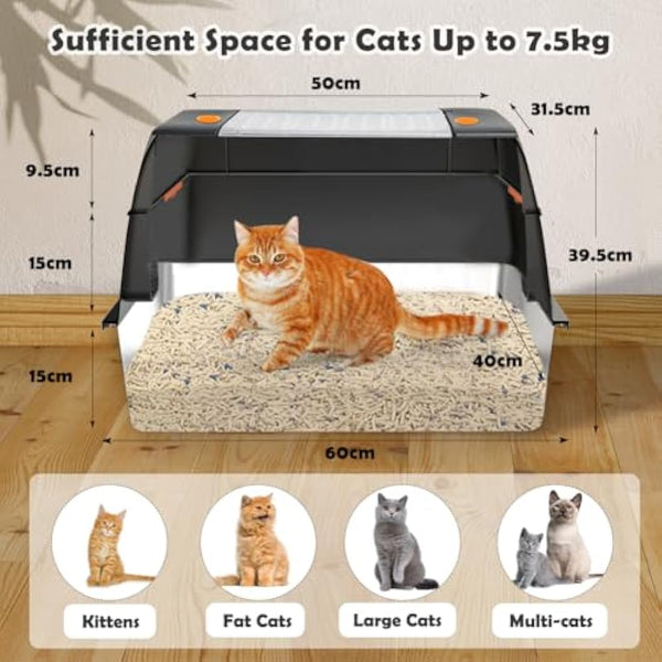 Vivifying Stainless Steel Cat Litter Tray, High-Sided, Removable and Metal Leak-Proof Enclosed Stainless Steel Cat Litter Box with Lid with Scoop, Steps and Mat (Black)