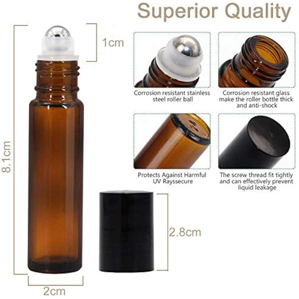 JamHooDirect 10Pcs, 10Ml Essential Oils Roll on Bottles Travel Refillable Amber Glass Roller Bottles with Stainless Steel Roller Balls, (Includes 1 Bottle Opener & 12Pcs Label)