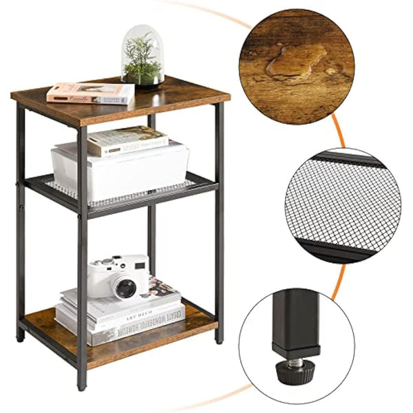 IBUYKE Side Table, 3-Tier End Table, Industrial Nightstand Small Table with Storage Shelf, Bedside Table for Bedroom, Living Room, Hallway, with Metal Frame, Rustic Brown TMJ403H