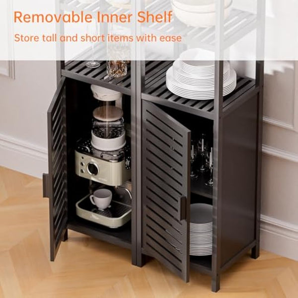 HITNET Tall Bathroom Storage Cabinet, 67 Inch Bamboo Freestanding Linen Tower Corner Shelf with 4 Open Shelves and Shutter Door for Small Space, Black