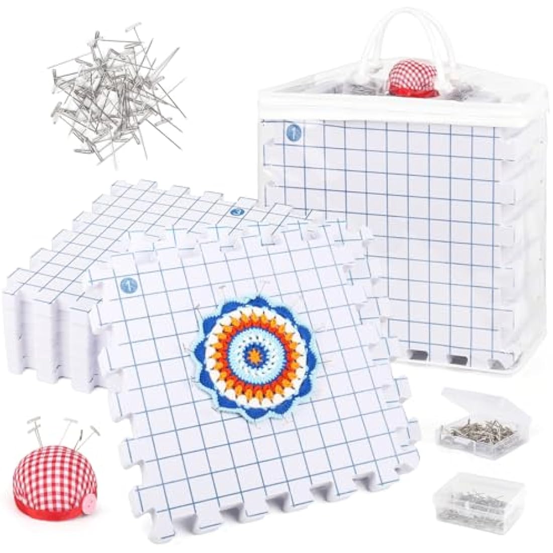 Aeelike Blocking Mats for Knitting, Crochet & Craft - 9 Pack Interlocking Foam Crochet Blocking Mats with Grid, 200 T-Pins, Pin Cushion & Storage Bag - Large Knitting Blocking Board and Pins Set