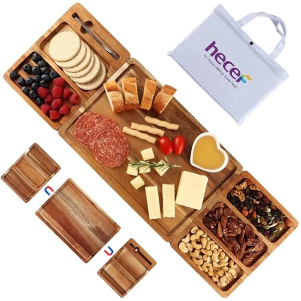 hecef Charcuterie Board Set, Extra Large Acacia Wood – 3-in-1 Magnetic Serving Platter for Cheese, Parties, Weddings, Housewarming & Birthdays