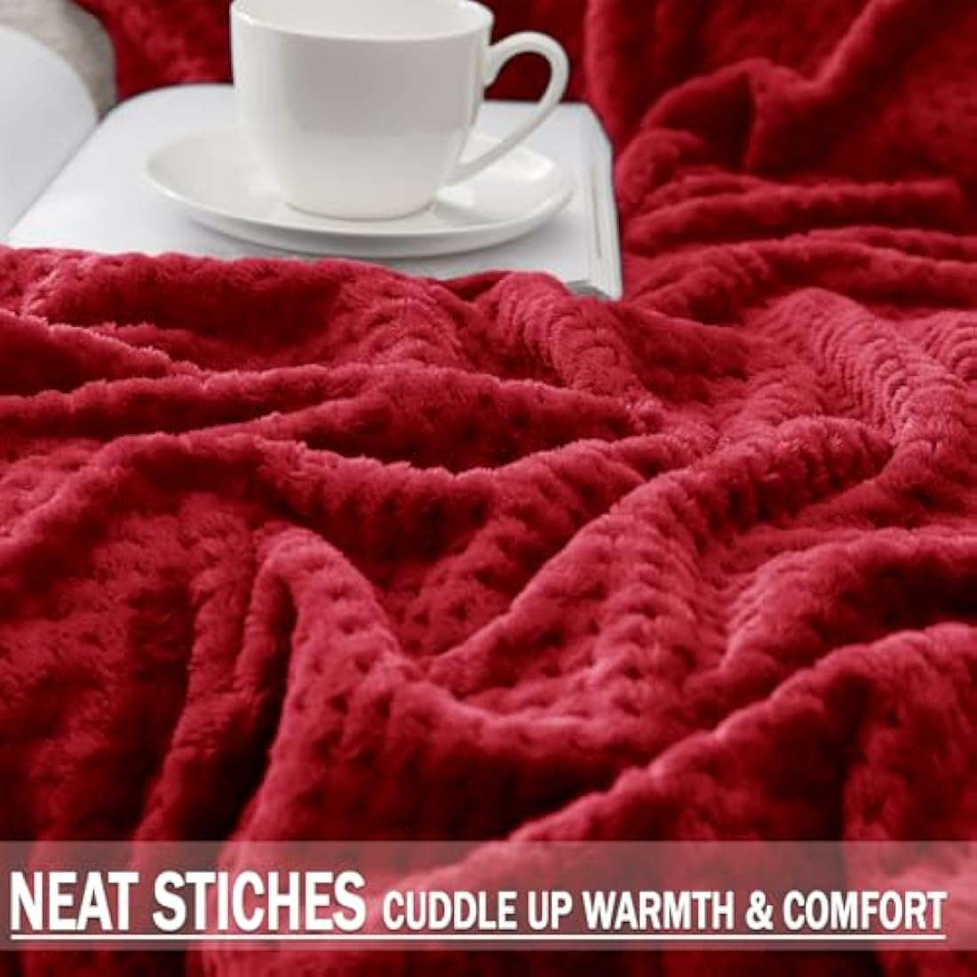 Exclusivo Mezcla King Size Fleece Bed Blanket, 230x265 CM Soft Jacquard Weave Waffle Pattern Blankets for Bed Settees, Burgundy
