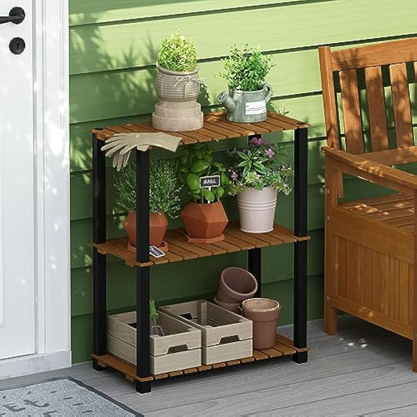 Furinno Pangkor 3-Tier Turn-N-Tube Indoor Outdoor Plant Shelf Wood Stand with Square Poles, Natural/Black