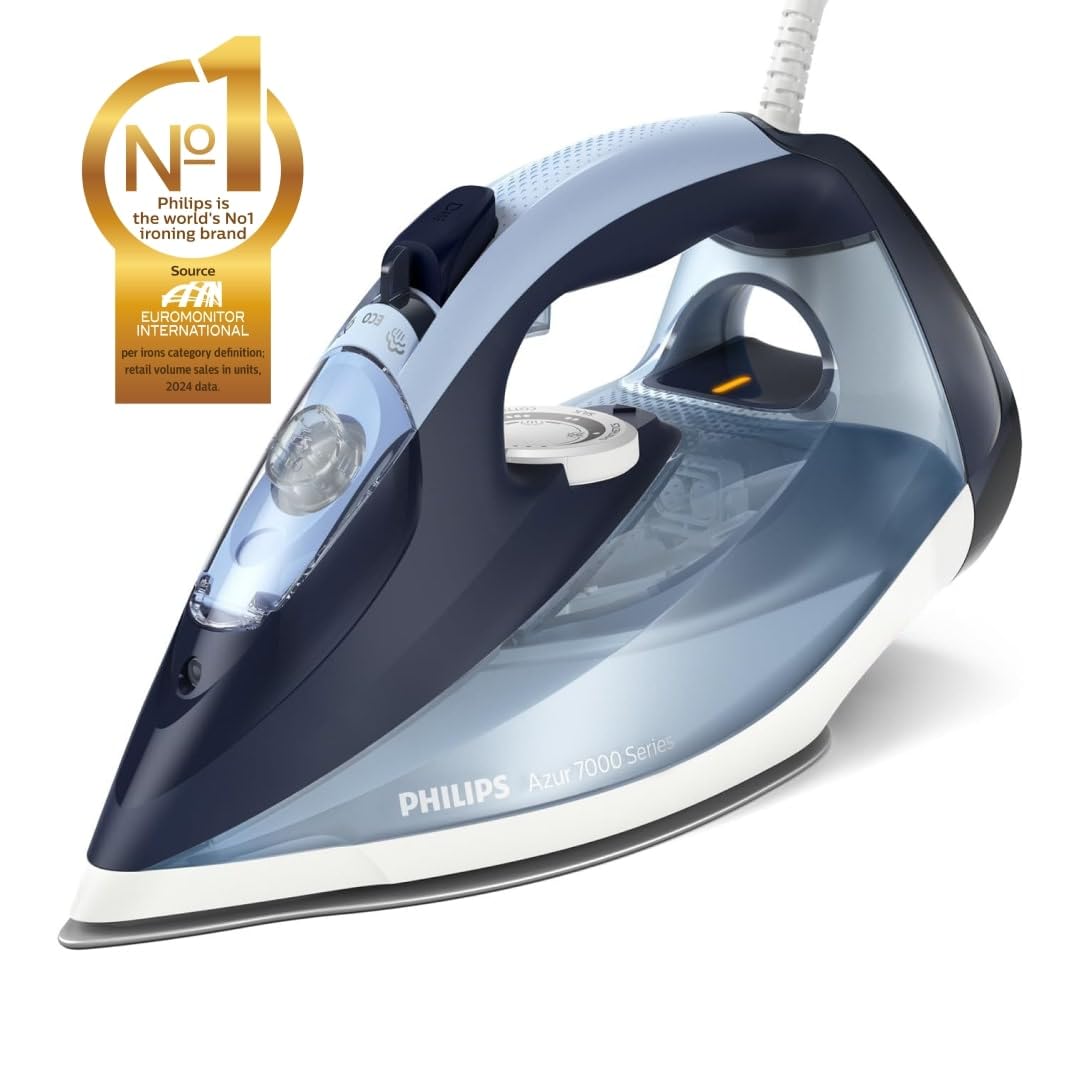 Philips 7000 Series Steam Iron - 2800W, 50g/min Steam, 250g Steam Boost, Vertical Steam, SteamGlide Plus Soleplate, Louros/Cotton Blue (DST7020/20)