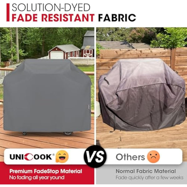 Unicook BBQ Cover, Heavy Duty Waterproof Outdoor Barbecue Gas Grill Cover, Resistant Oxford Fabric, Compatible for Weber Char-Broil Outback Barbecues and More, 152 x 58 x 107 cm/60 inch Length, Grey