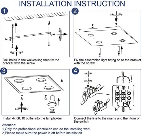 HiBay Modern Ceiling Light Chrome LED Kitchen Spotlight Fittings 4 Way Ceiling Spots GU10 Square Flush Lamp 240V for Bedroom, Living Room, Lounge -Bulbs Not Included