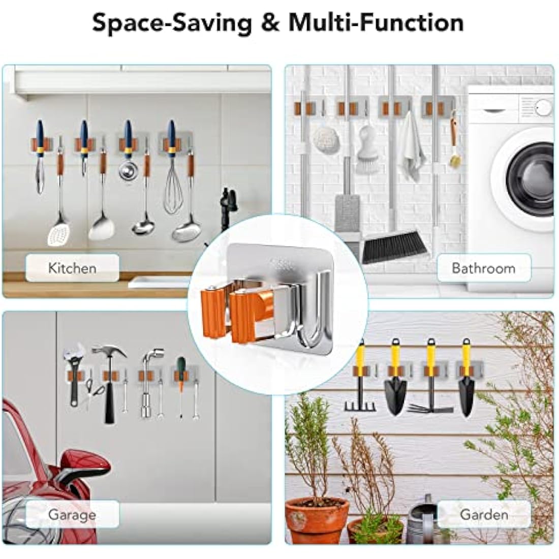 homeasy Mop Broom Holder, 4 Pcs Stainless Steel Self Adhesive Mop Holder Wall Mounted with Hooks Hanger Self-Adhesive Broom Holder (Orange)