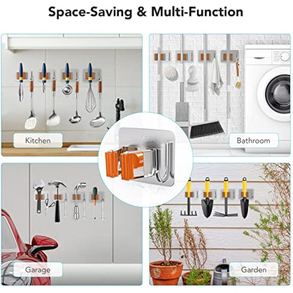 homeasy Mop Broom Holder, 4 Pcs Stainless Steel Self Adhesive Mop Holder Wall Mounted with Hooks Hanger Self-Adhesive Broom Holder (Orange)