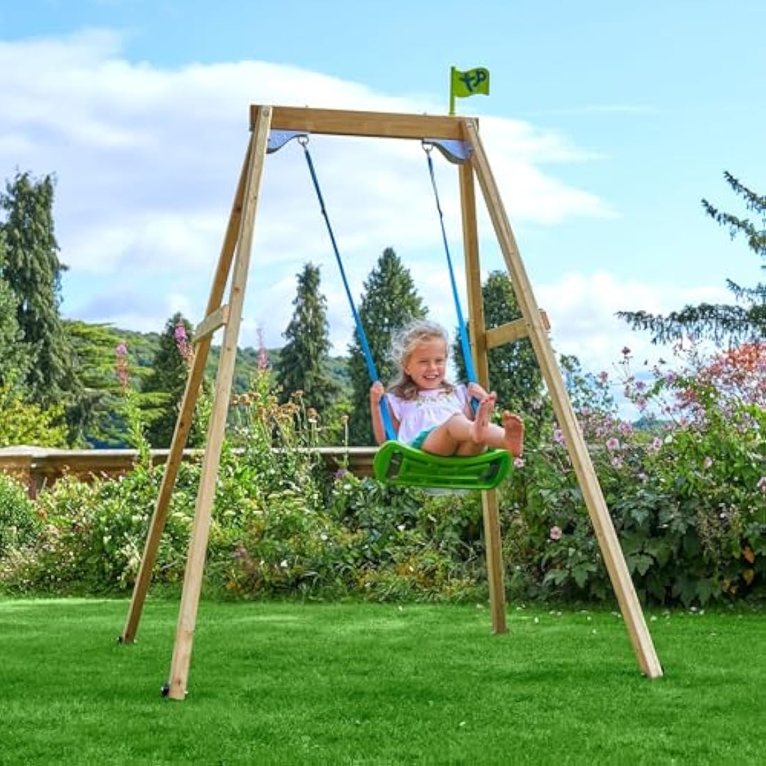 TP Toys Forest Wooden Single Swing Includes 1 Fully Adjustable Rapid Swing Seat, Supplied With Ground Stakes, FSC Certified Pressure Treated Wood, Strong and Sturdy Construction, Age 3 years+