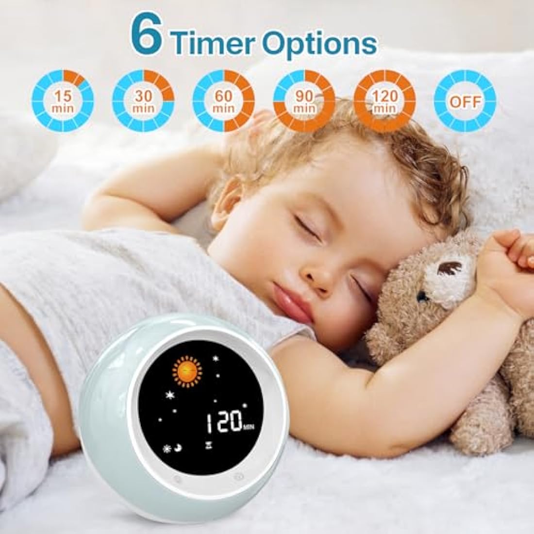 I·CODE Sun & Moon Rise Kids Alarm Clock, Children's Sleep Trainer, Sleep Sound Machine, Wake Up Light & Night Light, Teach Kids Day & Night