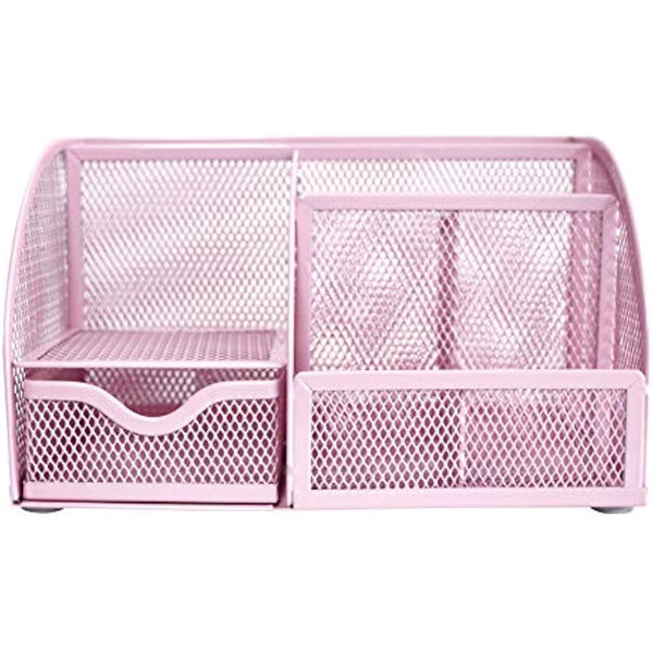 EXERZ Desk Organiser/Mesh Desk Tidy Caddy/Pencil Holder Multifunctional with 7 Compartments- Light Pink